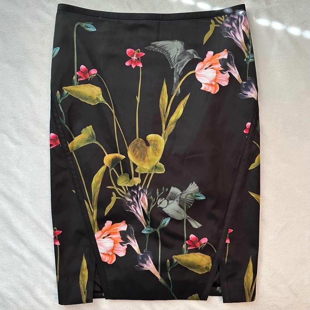 Ted Baker London Renola Oriental Floral Bird Print Satin Pencil Skirt 1 / US 4